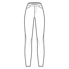 Jeggings technical fashion illustration with normal waist, high rise, full length, angled pockets. Flat casual Pants bottom trousers apparel template front, white color. Women men unisex CAD mockup