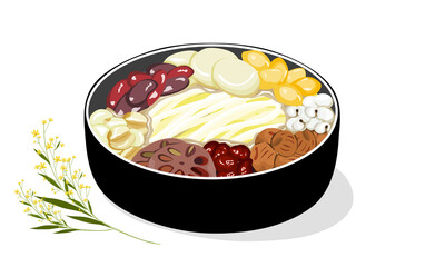 Isolated Sweet noodles with lotus roots, lotus seeds, Ginkgo Biloba seeds, millets, water chestnuts, longans, red bean and jujubes. Food vector on white background.