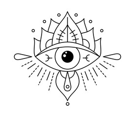 Vector illustration line art mystic eye tattoo. Providence sight witchcraft symbol. Evil eye amulet geometric ornament. Esoteric sign. Boho design. Sacred geometry spirituality, occultism, mystical.