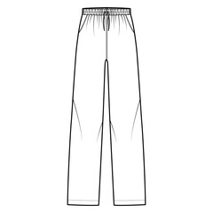 Pajama pants technical fashion illustration with elastic low waist, rise, full length, drawstrings, pockets. Flat knit trousers apparel template front, white color. Women men unisex CAD mockup