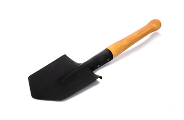 small black shovel with wooden handle on white insulated background