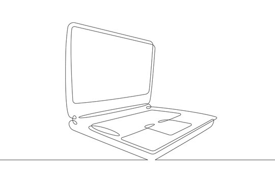 Opened mobile computer laptop. The device included for work.One continuous drawing line  logo single hand drawn art doodle isolated minimal illustration