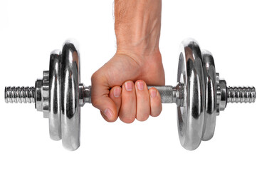 Fototapeta na wymiar a silver colored metal dumbbell with a hand holding it on a white insulated background