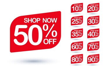 Shop now with sale discount red promotion sticker badge set. Marketing promotional material with different price cut percent, best offer label vector illustration isolated on white background