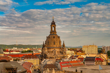 Fototapeta na wymiar Bird view of the church of our Lady (Frauenkirche) at Neumarkt square in historical downtown of Dresden in summer with blue sky and sunset, Germany, details, closeup.