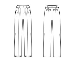 Pants tailored technical fashion illustration with low waist, rise, slant slashed flap pockets, double pleat, belt loops. Flat casual bottom trousers front, back, white color. Women unisex CAD mockup