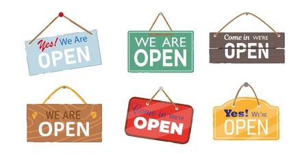 Welcome notice phrase hanging door front signboard set. We are open information signage for shop, store, market, board, restaurant or fashion boutique vector illustration isolated on white background