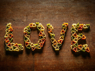 Heart-shaped pasta in the word love