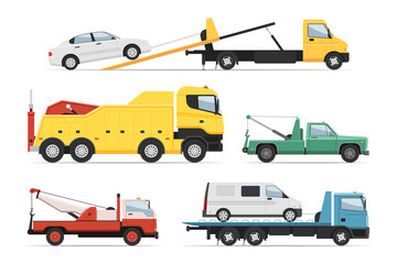 Help lorry, rescue assistance freight trailer truck set. Emergency trucking vehicle, wreck and crash aid, towing auto service, automotive transportation platform vector illustration isolated on white