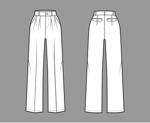 Pants tailored technical fashion illustration with extended normal waist, rise, full length, slant, flap pockets, double pleat, belt loops. Flat template front, back, white color. Women men CAD mockup