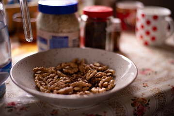 a plate with walnut kernels