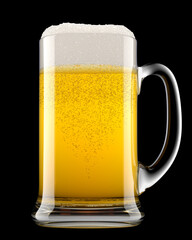 Frosty glass of fresh light beer with bubble froth isolated on black background.
