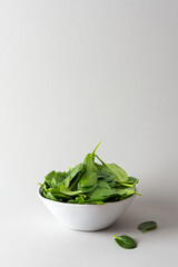 Healthy vegetable greens in a bowl on a gray background, green spinach leaves close up