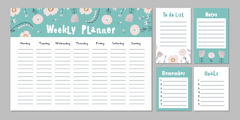 Weekly planner with cute flowers. Vector illustration.
