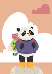 Cute postcard with panda on a hike. Flat vector illustration.