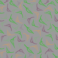 Trendy green and brown leaves on a grey background. Abstract spring botanical pattern. Colorful pastel ornament. For textile, fabric, wallpaper and background. Vector.