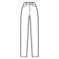 Skinny Jeans Denim pants technical fashion illustration with full length, normal waist, high rise, coin, angled 5 pockets, Rivets. Flat bottom template front white color style. Women unisex CAD mockup