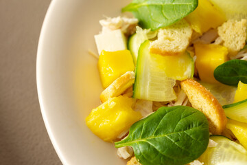 Plate with salad  close-up on a brown background, salad of cucumber and chicken breast, mozzarella and croutons with sweet mango pieces and spinach