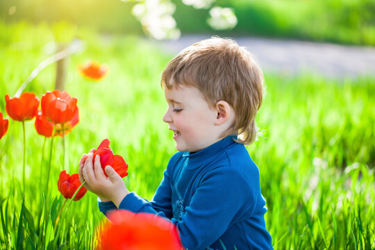 Kid exploring natural environment in flower garden. Outdoor activity like play, touch and see the real things is the best for sensory learning method for baby and kids.