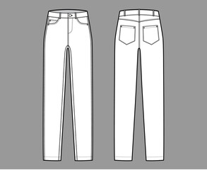 Skinny Jeans Denim pants technical fashion illustration with full length, normal waist, high rise, curved, coin, angled 5 pockets, Rivets. Flat template front, back, white color style. Men CAD mockup