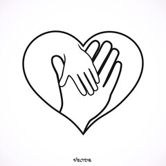 Isolated vector hands logo. Orphanage emblem. Family sign. Children care image. Adoption illustration. Child raising sing. Kindergarden icon. Charity for orphans. Help kids campaign. Heart icon. 
