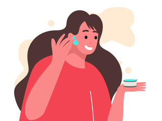 Woman smears cream face. Young woman use cosmetic to look beautiful.