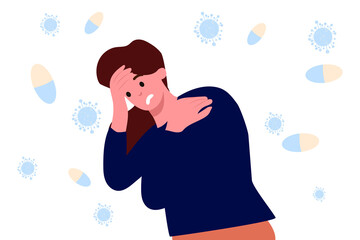 Woman with headache, migraine, holding her head cartoon vector illustration