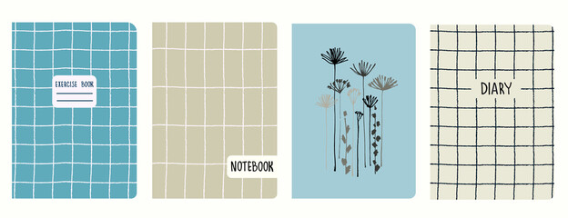 Cover page templates with hand drawn Apiaceae flowering plant, grid, plaid. Based on seamless patterns. Headers isolated and replaceable. Perfect for school notebooks, notepads, diaries