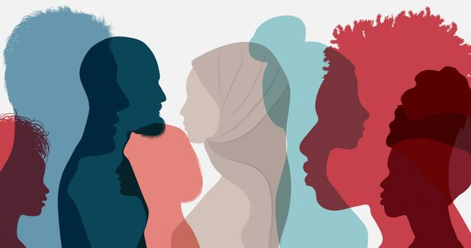 Silhouette profile group of men and women of diverse culture. Diversity multi-ethnic and multiracial people. Concept of racial equality. Mixed race. Multicultural society. Friendship