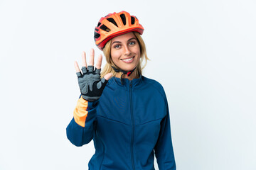 Young blonde Uruguayan cyclist woman isolated on background counting five with fingers