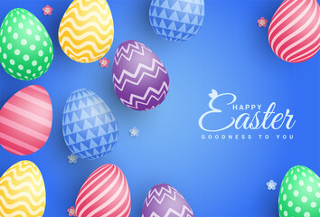 Easter poster and banner template with Easter eggs on blue background. Greetings and presents for Easter Day in flat lay styling.Promotion and shopping template for Easter