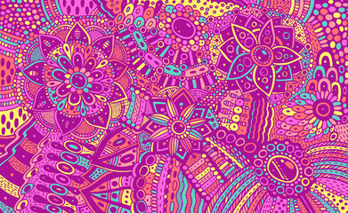 Flower ornament with patterns and leaves. Pastel and neon colors. Boho tribal surreal colorful background. Abstract trippy pattern. Psychedelic art. Vector artwork