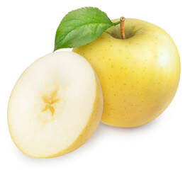 Yellow apple with leaves isolated on white background, Yellow Orin Apples on white background With clipping path.