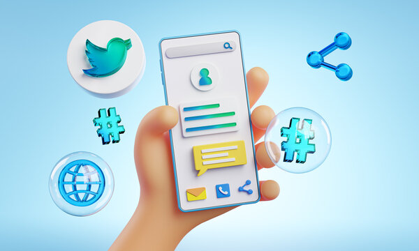 Cute Hand Holding Phone Twitter Icons Around 3D Rendering