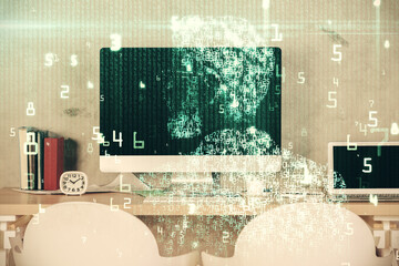 Multi exposure of data theme drawing and office interior background. Concept of technology.