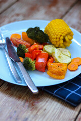 Oven roasted colorful vegetables are waiting for you in the cyan plate, let's try it! Bon appetit