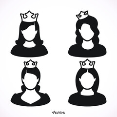 set icon, woman wearing crown, princess logo, flat style, icon isolated on white background