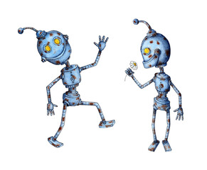 Set of watercolor robots isolated on white background hand drawn illustration. Suitable for kids t-shirts, banner, postcard, logo, poster template. Drawn by hand.