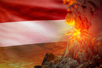 high volcano eruption at night with explosion on Hungary flag background, suffer from natural disaster and volcanic earthquake conceptual 3D illustration of nature