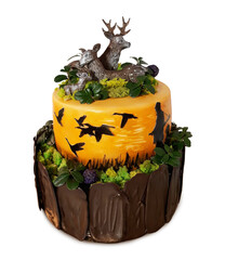 Chocolate cake decorated with deer, wild ducks and a hunter figure