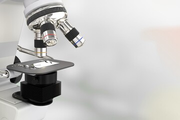 Fototapeta na wymiar physic development concept, object 3D illustration - laboratory modern scientific microscope on soft focus background