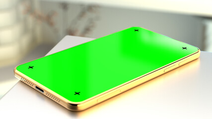 Communication concept - industrial 3d illustration, mobile phone with green screen