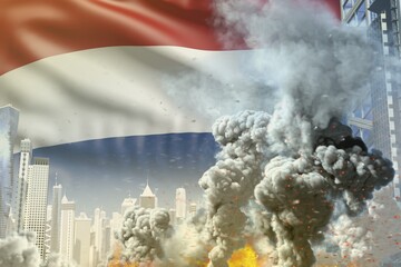 huge smoke column with fire in abstract city - concept of industrial catastrophe or terroristic act on Netherlands flag background, industrial 3D illustration