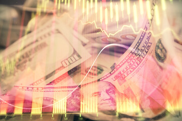 Double exposure of forex graph drawing over us dollars bill background. Concept of financial markets.