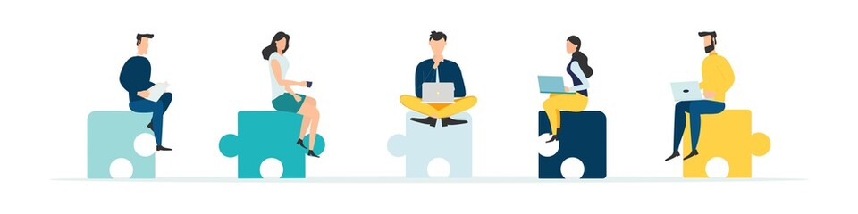 Business concept. Team metaphor. People connecting puzzle pieces. business team working and project teamwork concept. Community service symbol, cooperation, partnership. Vector.