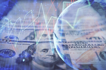 Double exposure of forex graph drawing over us dollars bill background. Concept of financial markets.