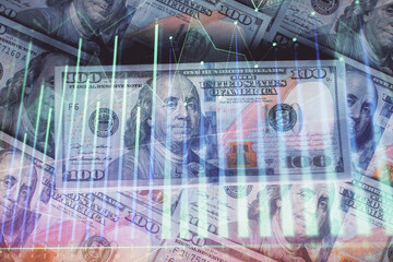 Multi exposure of forex chart drawing over us dollars bill background. Concept of financial success markets.