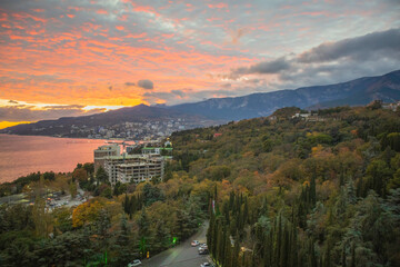 Yalta, Crimea, November 23, 2020 view of the city from the Yalta-intourist hotel, sunset over the sea and the city