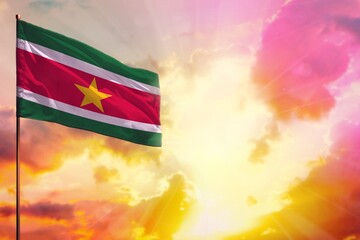 Fluttering Suriname flag in top left corner mockup with the space for your text on beautiful...