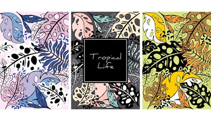 Tropical color leaves pattern, hand drawn vector illustration. Tropical plants print. Summer design. Creative background.
